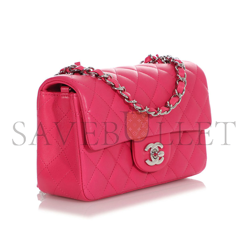 CHANEL QUILTED LAMBSKIN RECTANGULAR MINI FLAP PINK SILVER HARDWARE A69900 (20*13*7cm)